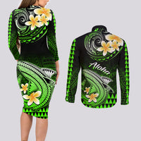 Hawaii Couples Matching Long Sleeve Bodycon Dress and Long Sleeve Button Shirts Polynesian Shark with Kakau Green Version - Wonder Print Shop