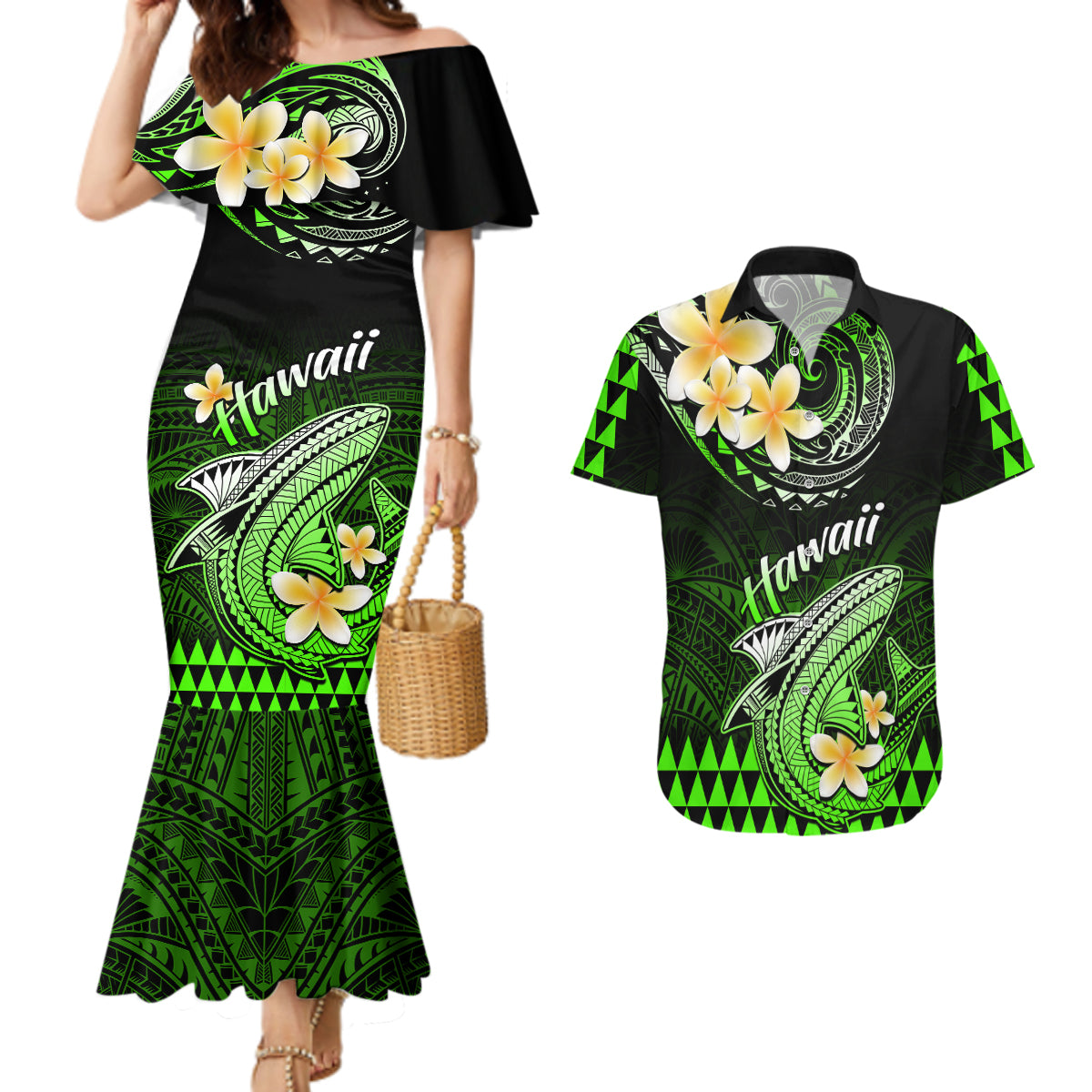 Hawaii Couples Matching Mermaid Dress and Hawaiian Shirt Polynesian Shark with Kakau Green Version - Wonder Print Shop