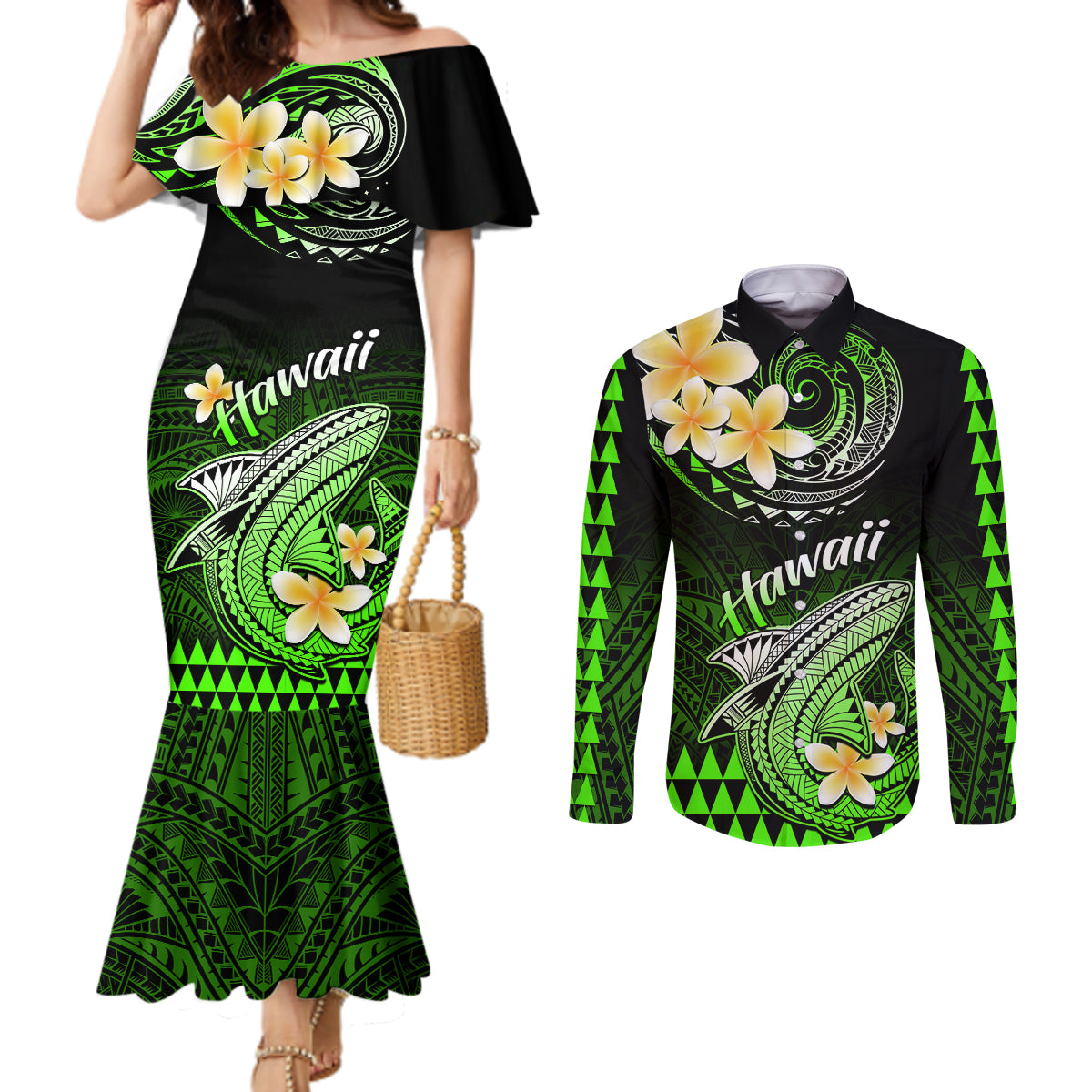 hawaii-couples-matching-mermaid-dress-and-long-sleeve-button-shirts-polynesian-shark-with-kakau-green-version