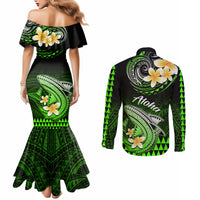 hawaii-couples-matching-mermaid-dress-and-long-sleeve-button-shirts-polynesian-shark-with-kakau-green-version