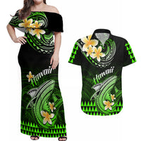 Hawaii Couples Matching Off Shoulder Maxi Dress and Hawaiian Shirt Polynesian Shark with Kakau Green Version - Wonder Print Shop