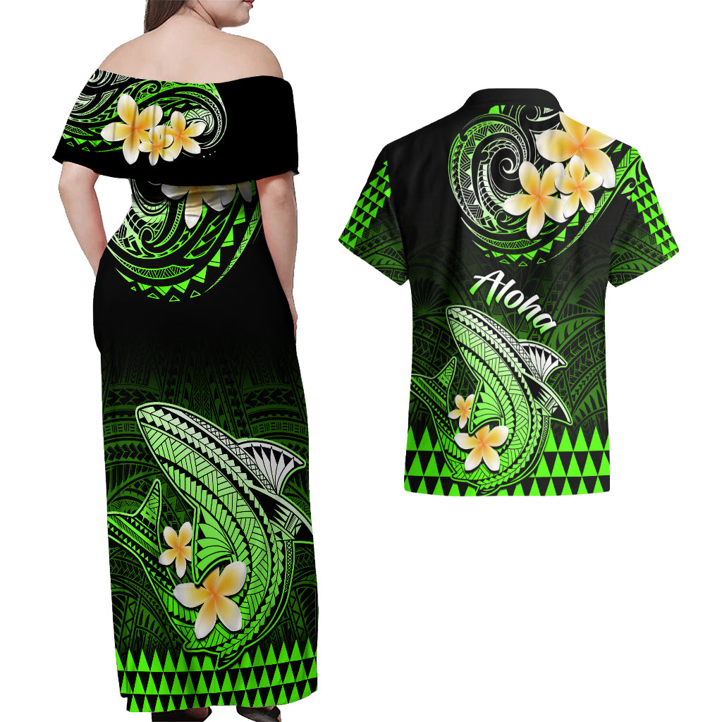 Hawaii Couples Matching Off Shoulder Maxi Dress and Hawaiian Shirt Polynesian Shark with Kakau Green Version - Wonder Print Shop