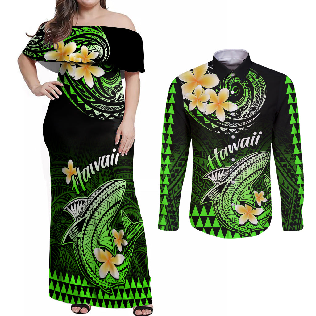 Hawaii Couples Matching Off Shoulder Maxi Dress and Long Sleeve Button Shirts Polynesian Shark with Kakau Green Version - Wonder Print Shop