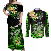 Hawaii Couples Matching Off Shoulder Maxi Dress and Long Sleeve Button Shirts Polynesian Shark with Kakau Green Version - Wonder Print Shop