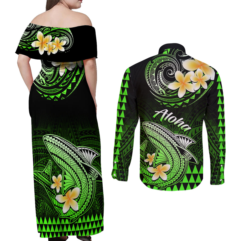 Hawaii Couples Matching Off Shoulder Maxi Dress and Long Sleeve Button Shirts Polynesian Shark with Kakau Green Version - Wonder Print Shop