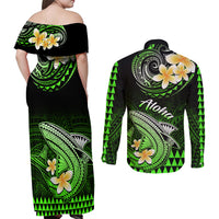 Hawaii Couples Matching Off Shoulder Maxi Dress and Long Sleeve Button Shirts Polynesian Shark with Kakau Green Version - Wonder Print Shop