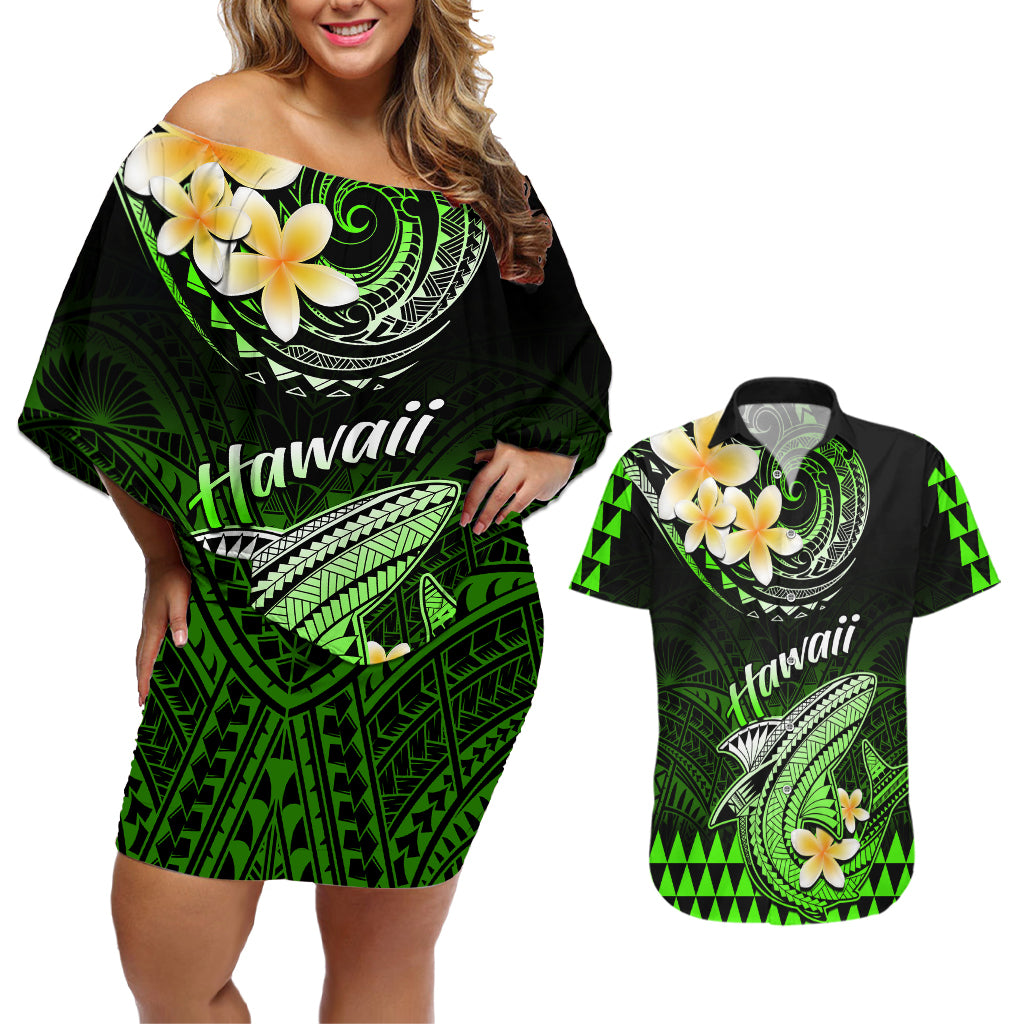 Hawaii Couples Matching Off Shoulder Short Dress and Hawaiian Shirt Polynesian Shark with Kakau Green Version - Wonder Print Shop