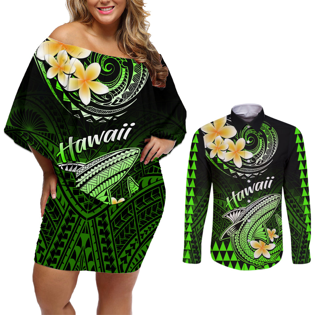 Hawaii Couples Matching Off Shoulder Short Dress and Long Sleeve Button Shirts Polynesian Shark with Kakau Green Version - Wonder Print Shop