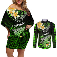 Hawaii Couples Matching Off Shoulder Short Dress and Long Sleeve Button Shirts Polynesian Shark with Kakau Green Version - Wonder Print Shop