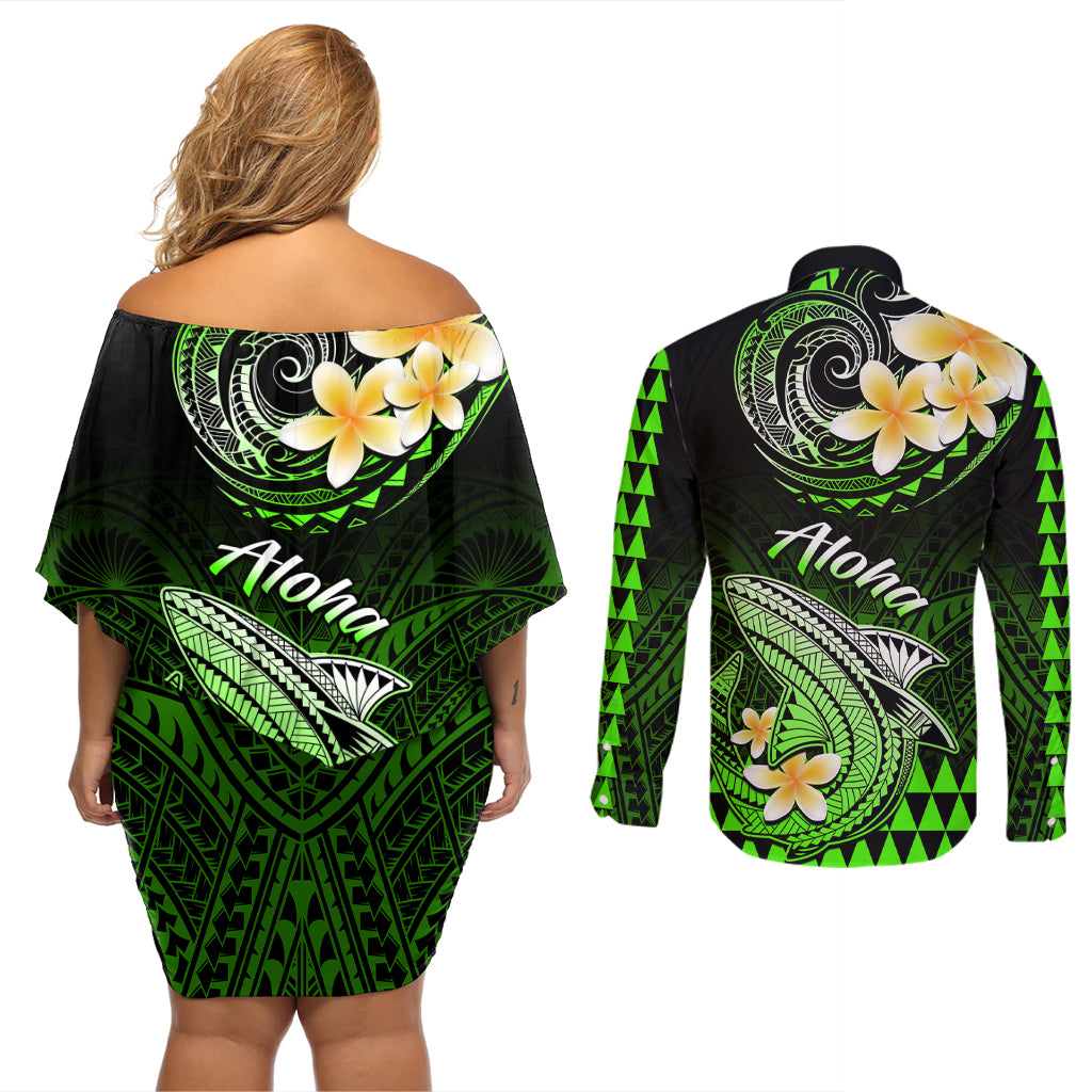 Hawaii Couples Matching Off Shoulder Short Dress and Long Sleeve Button Shirts Polynesian Shark with Kakau Green Version - Wonder Print Shop
