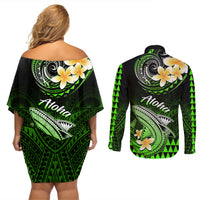Hawaii Couples Matching Off Shoulder Short Dress and Long Sleeve Button Shirts Polynesian Shark with Kakau Green Version - Wonder Print Shop