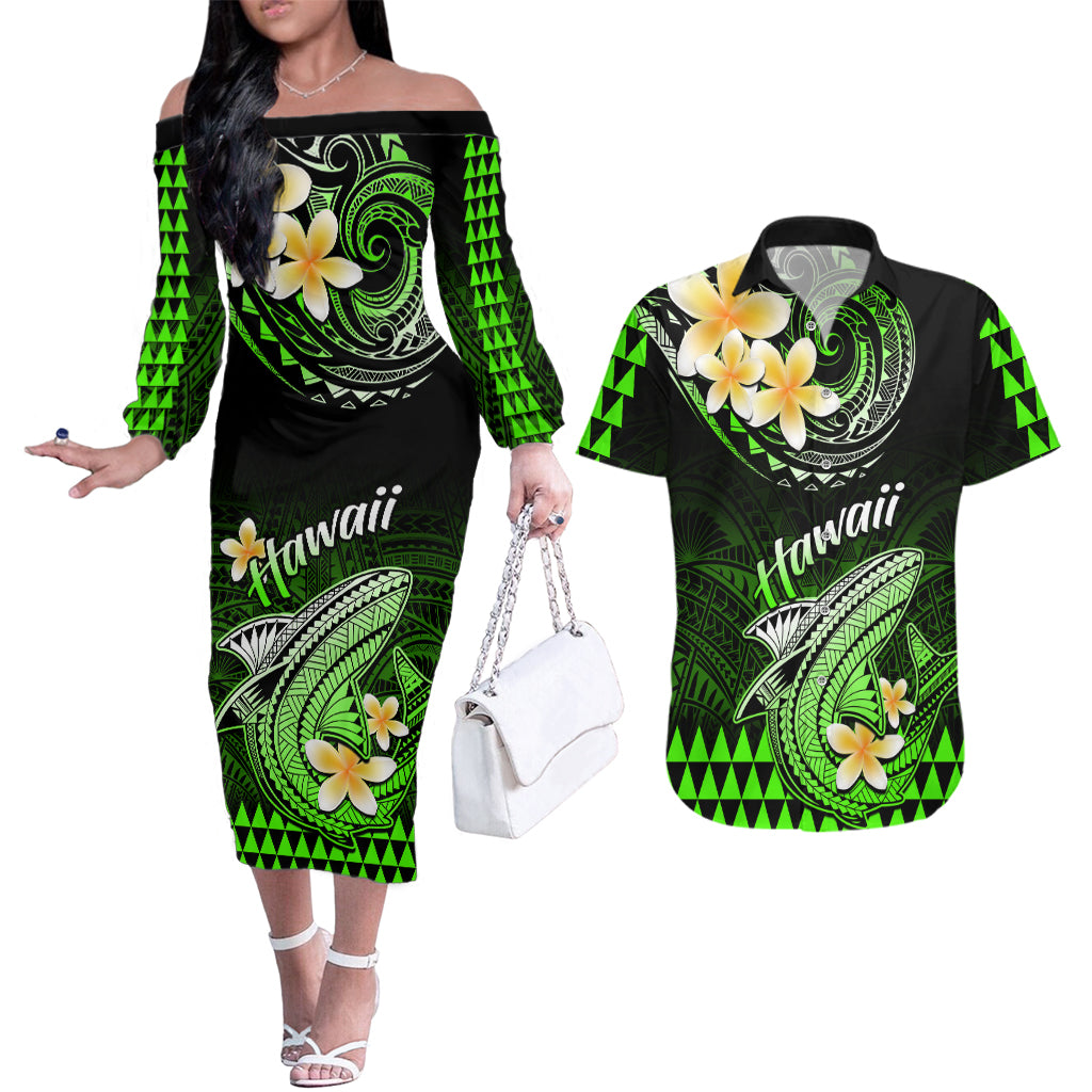 Hawaii Couples Matching Off The Shoulder Long Sleeve Dress and Hawaiian Shirt Polynesian Shark with Kakau Green Version - Wonder Print Shop