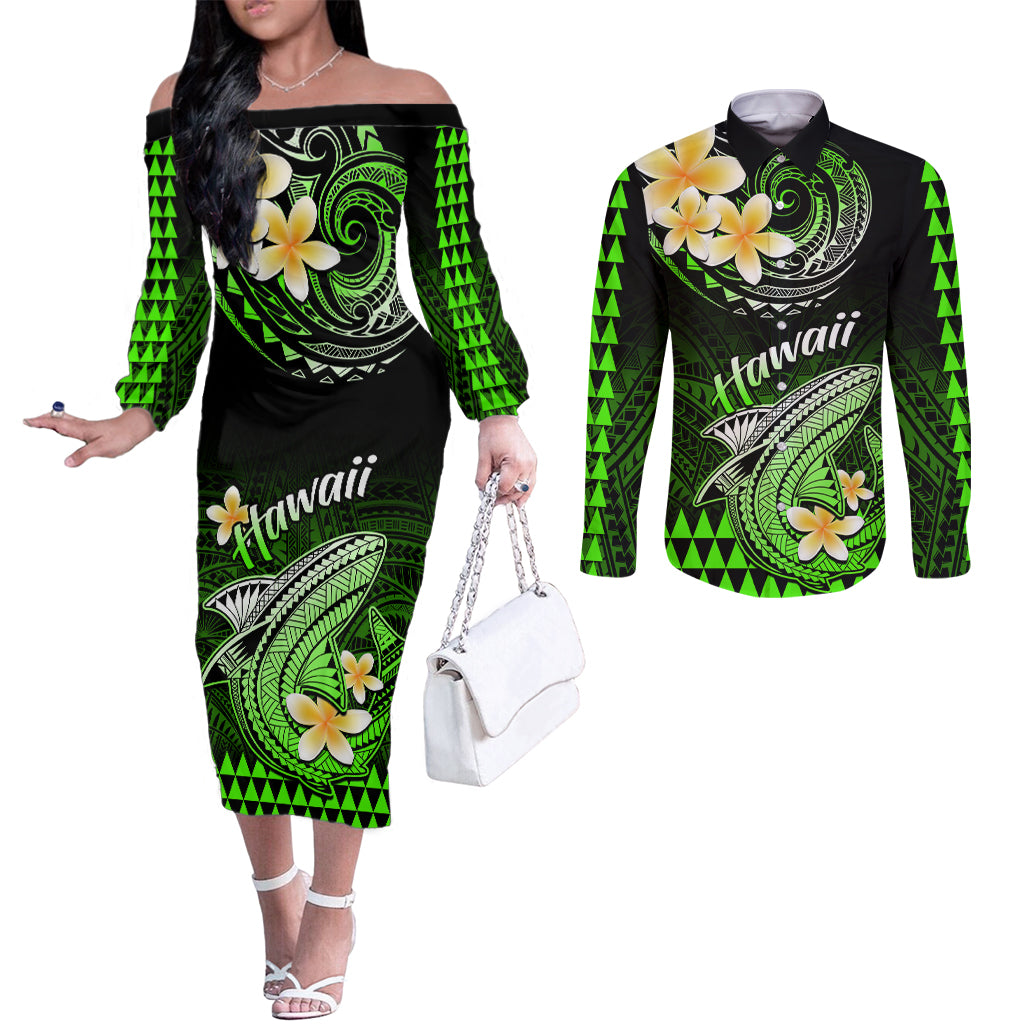 hawaii-couples-matching-off-the-shoulder-long-sleeve-dress-and-long-sleeve-button-shirts-polynesian-shark-with-kakau-green-version