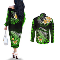 hawaii-couples-matching-off-the-shoulder-long-sleeve-dress-and-long-sleeve-button-shirts-polynesian-shark-with-kakau-green-version