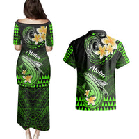 Hawaii Couples Matching Puletasi Dress and Hawaiian Shirt Polynesian Shark with Kakau Green Version - Wonder Print Shop