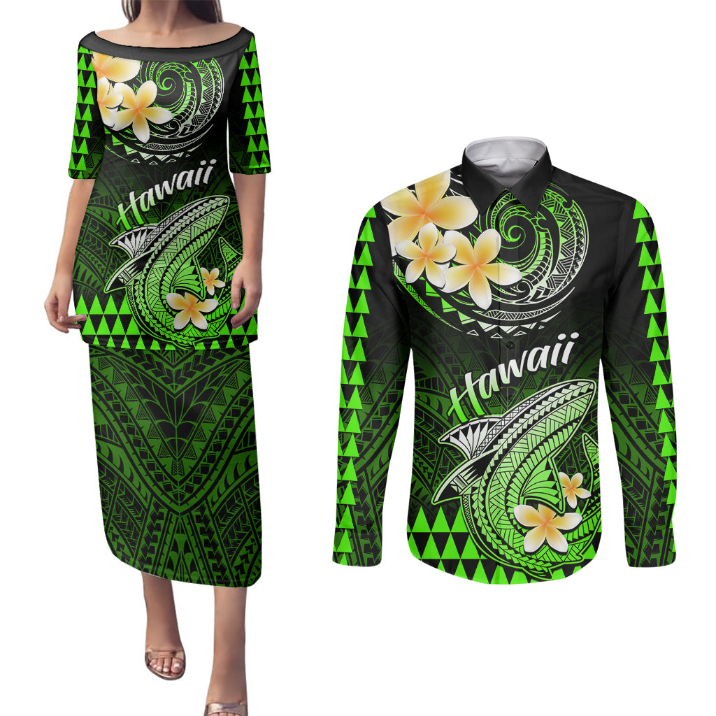Hawaii Couples Matching Puletasi Dress and Long Sleeve Button Shirts Polynesian Shark with Kakau Green Version - Wonder Print Shop