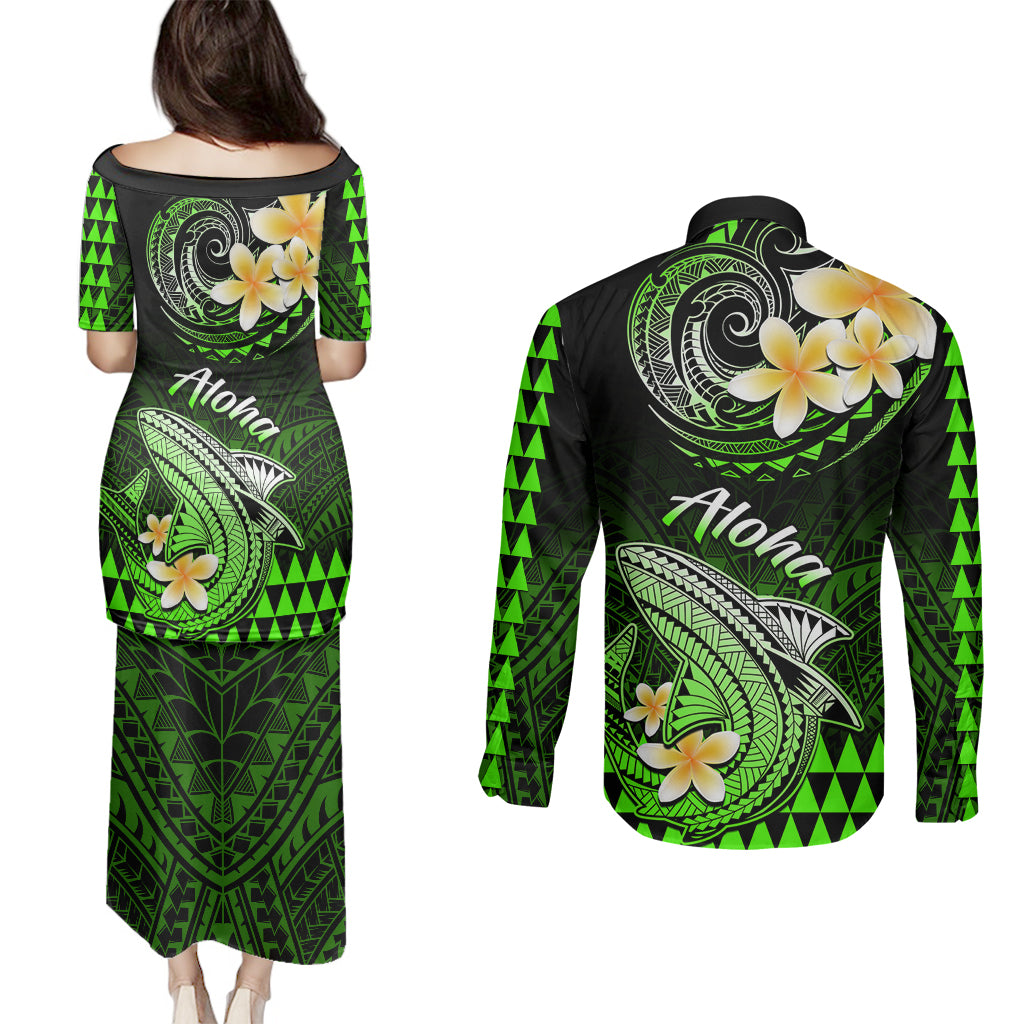 Hawaii Couples Matching Puletasi Dress and Long Sleeve Button Shirts Polynesian Shark with Kakau Green Version - Wonder Print Shop