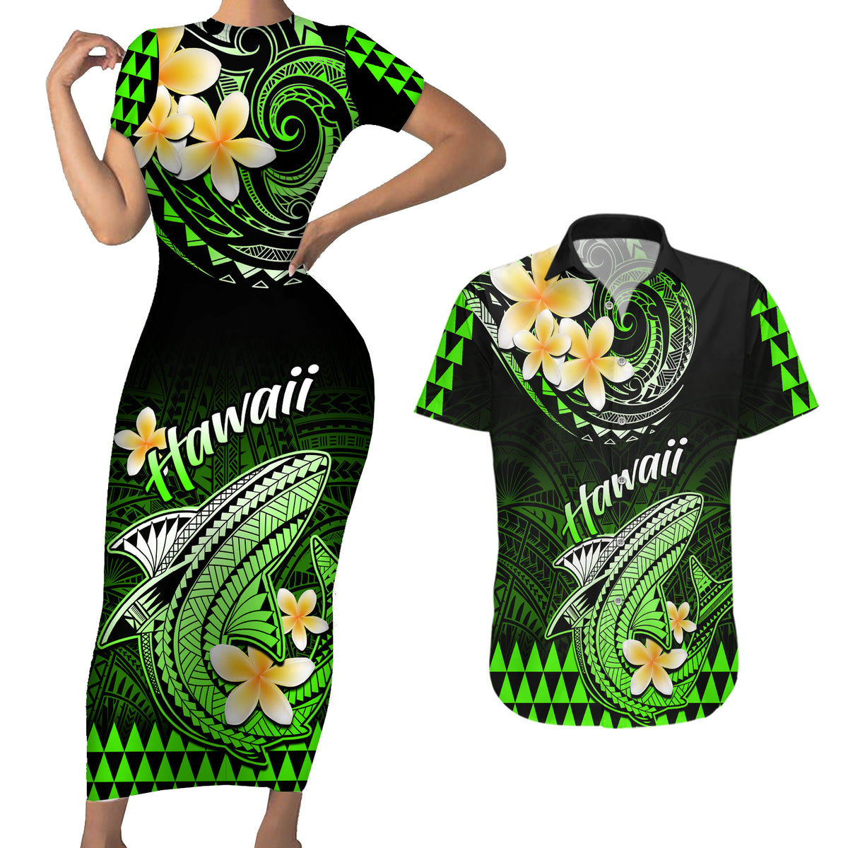 Hawaii Couples Matching Short Sleeve Bodycon Dress and Hawaiian Shirt Polynesian Shark with Kakau Green Version - Wonder Print Shop