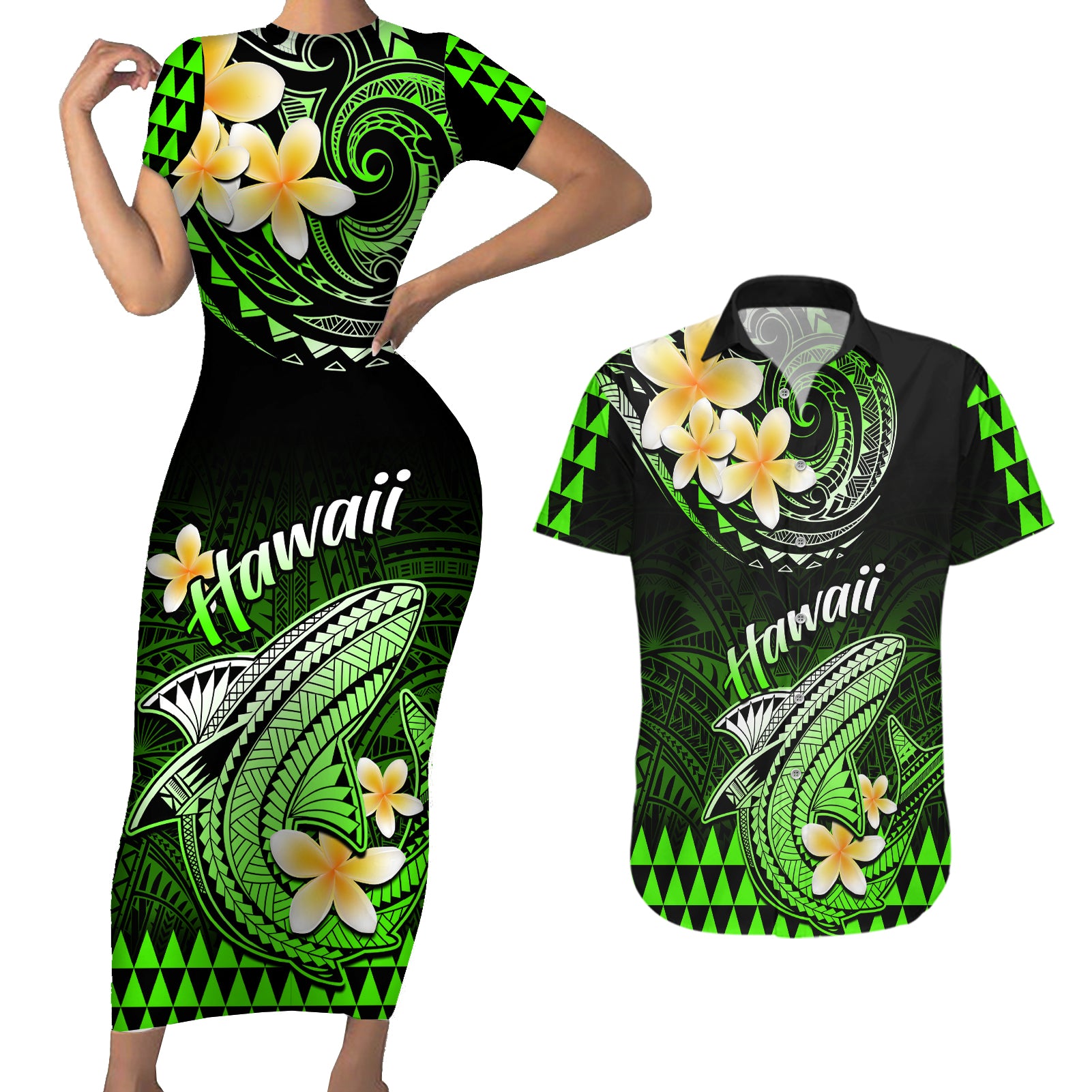 Hawaii Couples Matching Short Sleeve Bodycon Dress and Hawaiian Shirt Polynesian Shark with Kakau Green Version - Wonder Print Shop