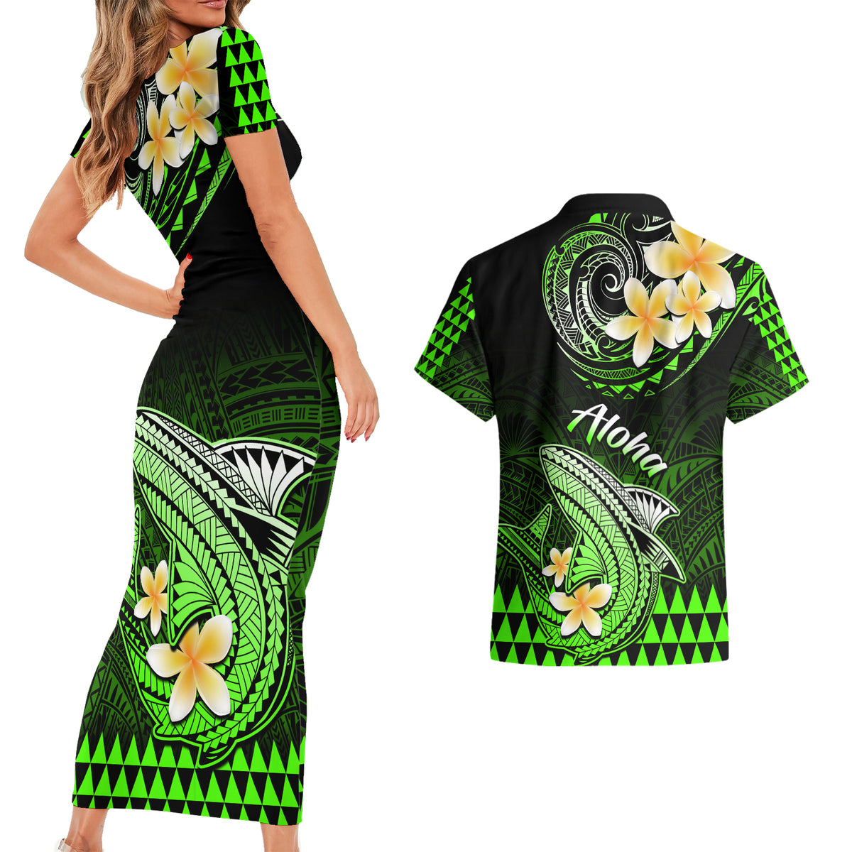 Hawaii Couples Matching Short Sleeve Bodycon Dress and Hawaiian Shirt Polynesian Shark with Kakau Green Version - Wonder Print Shop