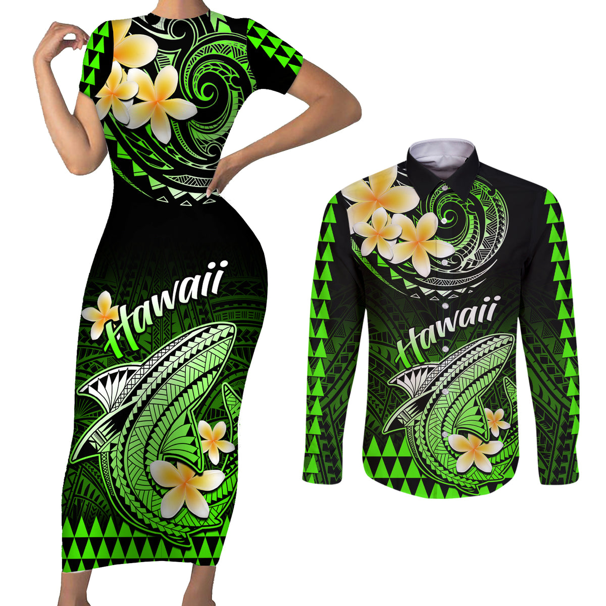 Hawaii Couples Matching Short Sleeve Bodycon Dress and Long Sleeve Button Shirts Polynesian Shark with Kakau Green Version - Wonder Print Shop