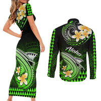 Hawaii Couples Matching Short Sleeve Bodycon Dress and Long Sleeve Button Shirts Polynesian Shark with Kakau Green Version - Wonder Print Shop