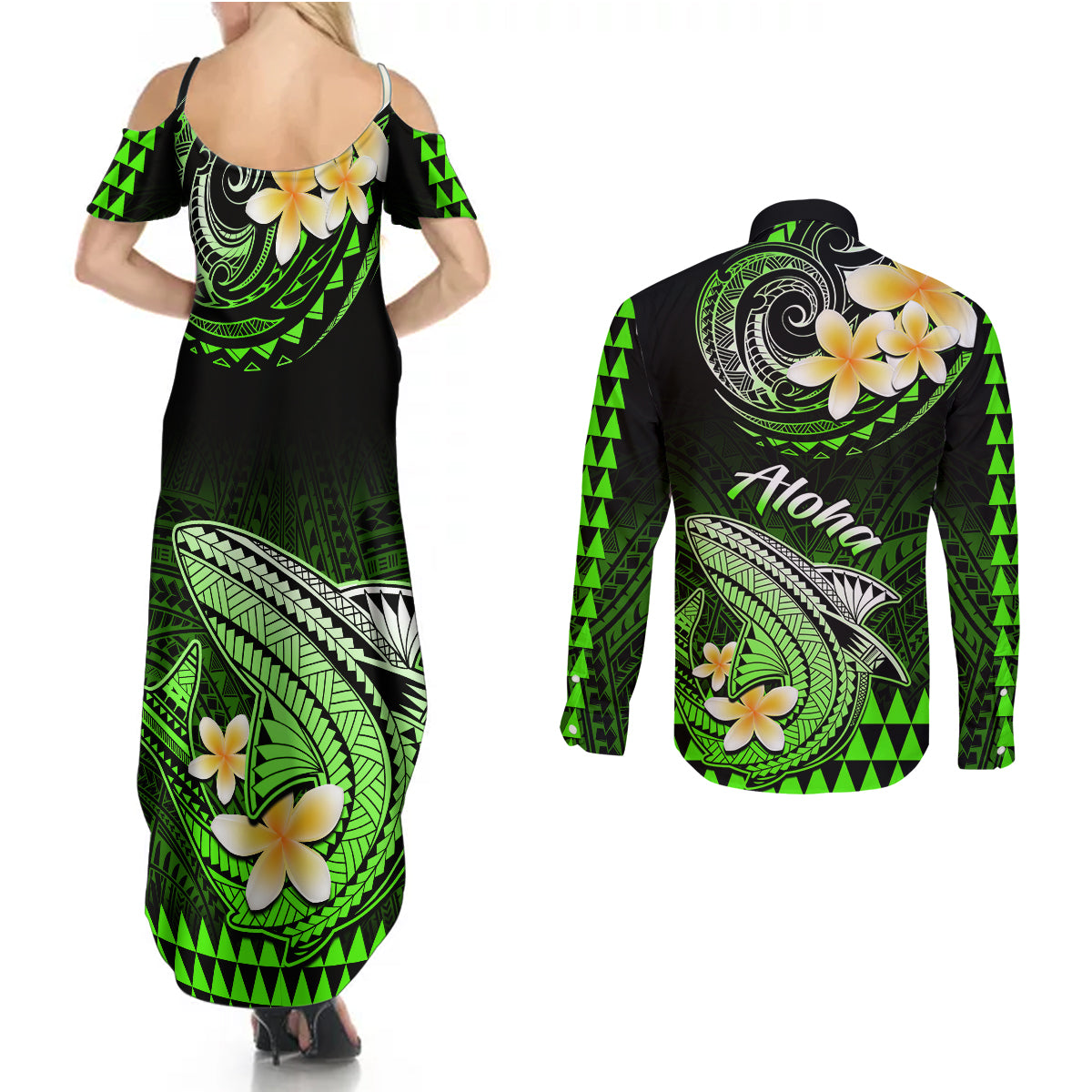 Hawaii Couples Matching Summer Maxi Dress and Long Sleeve Button Shirts Polynesian Shark with Kakau Green Version - Wonder Print Shop