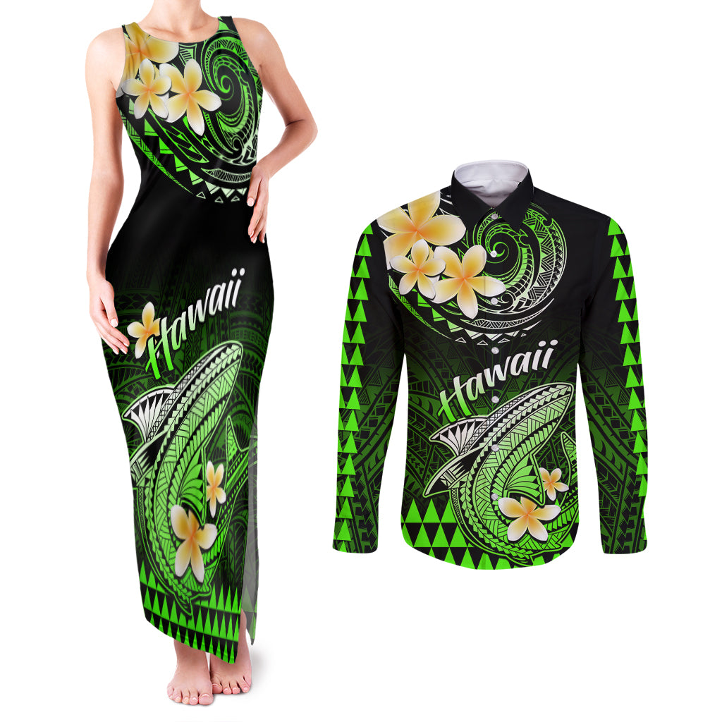 Hawaii Couples Matching Tank Maxi Dress and Long Sleeve Button Shirts Polynesian Shark with Kakau Green Version - Wonder Print Shop