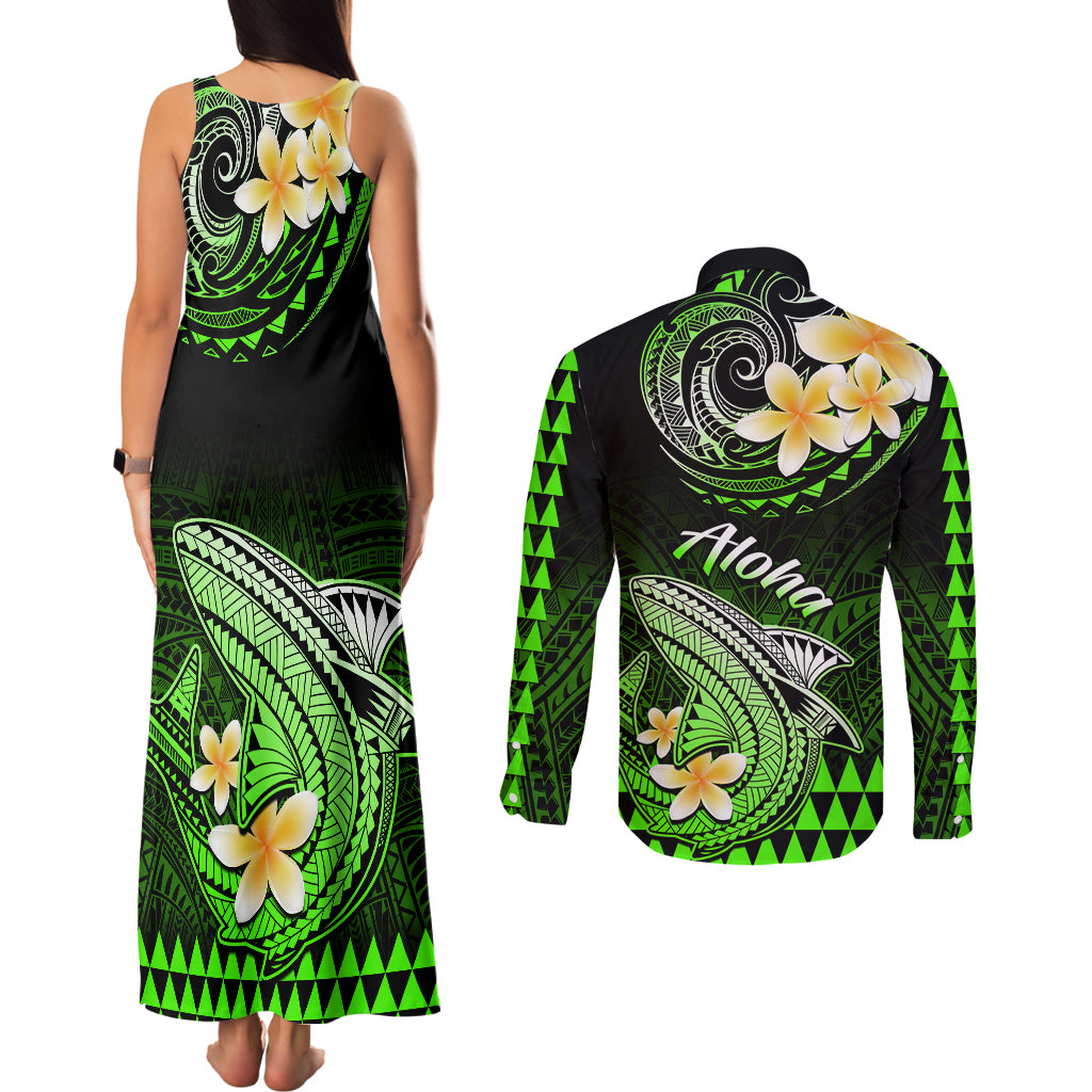 Hawaii Couples Matching Tank Maxi Dress and Long Sleeve Button Shirts Polynesian Shark with Kakau Green Version - Wonder Print Shop