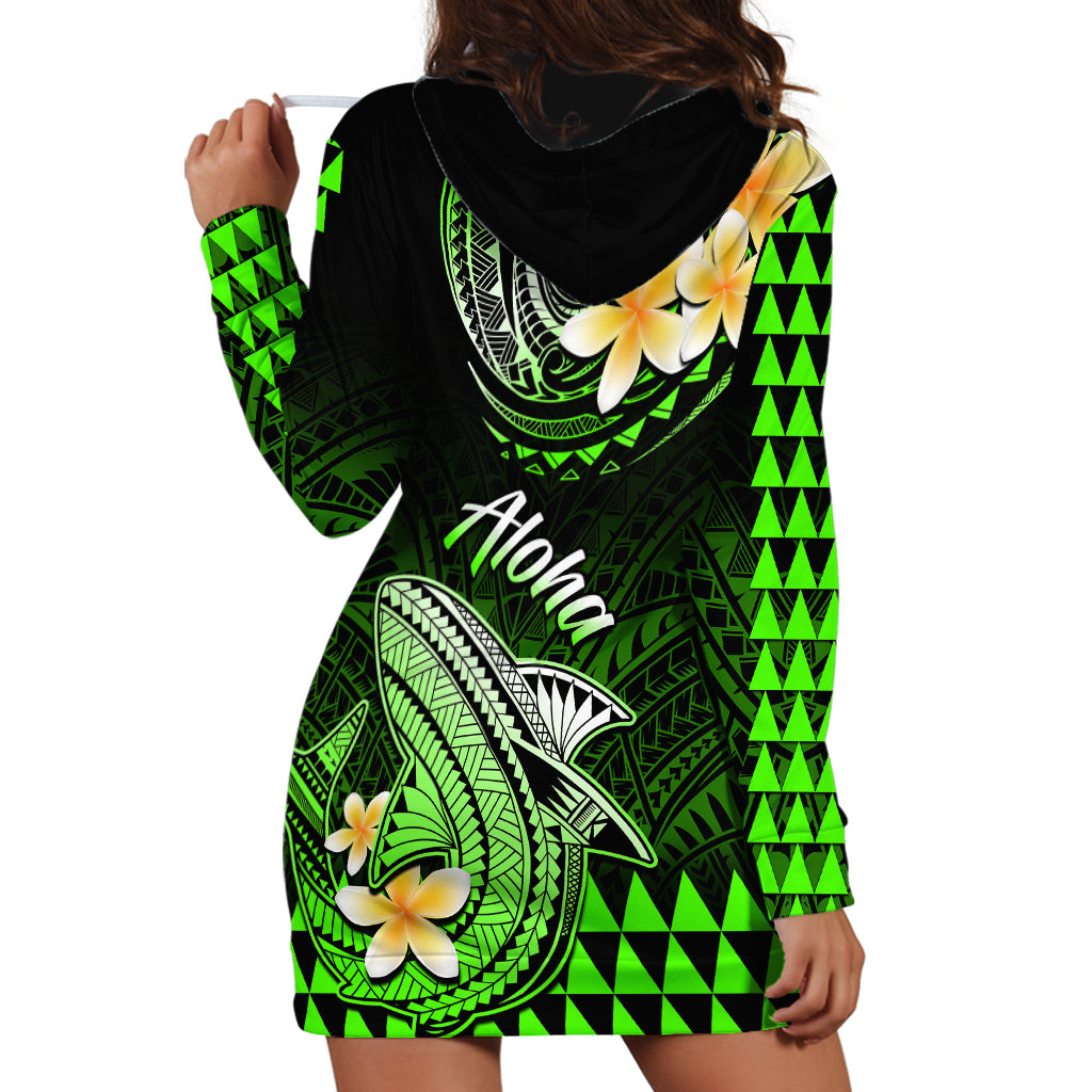 Hawaii Hoodie Dress Polynesian Shark with Kakau Green Version - Wonder Print Shop