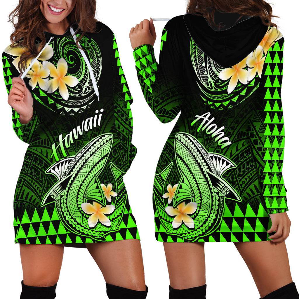 Hawaii Hoodie Dress Polynesian Shark with Kakau Green Version - Wonder Print Shop