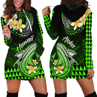 Hawaii Hoodie Dress Polynesian Shark with Kakau Green Version - Wonder Print Shop
