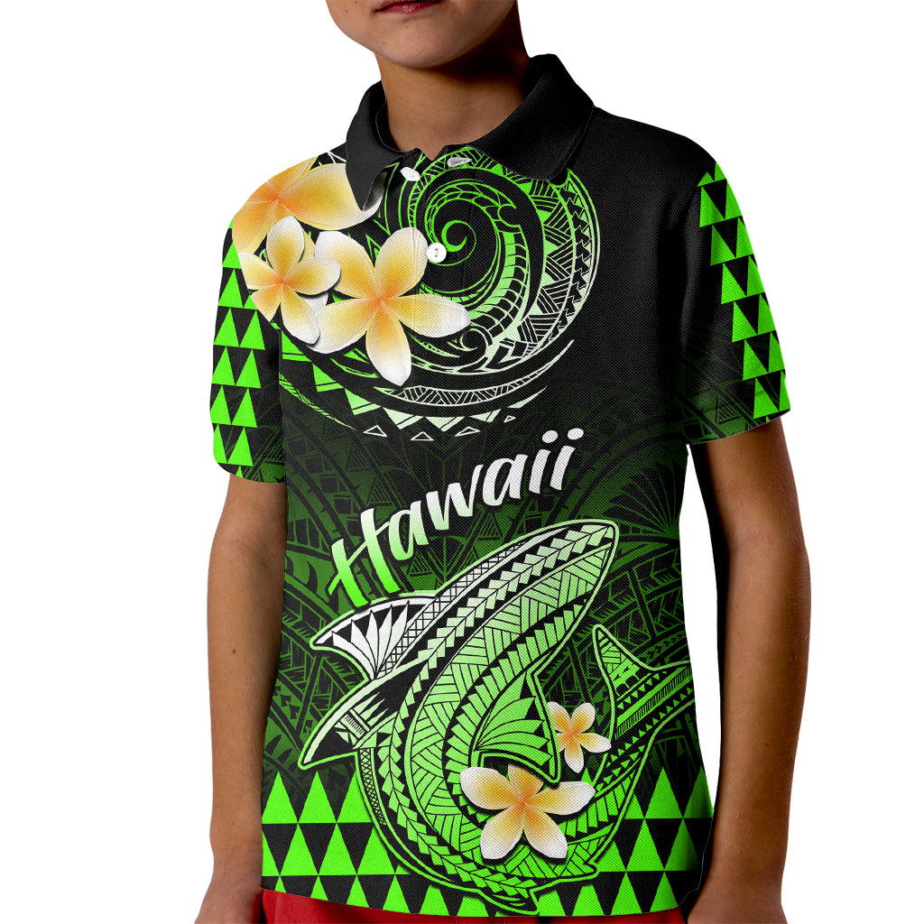 Hawaii Kid Polo Shirt Polynesian Shark with Kakau Green Version - Wonder Print Shop