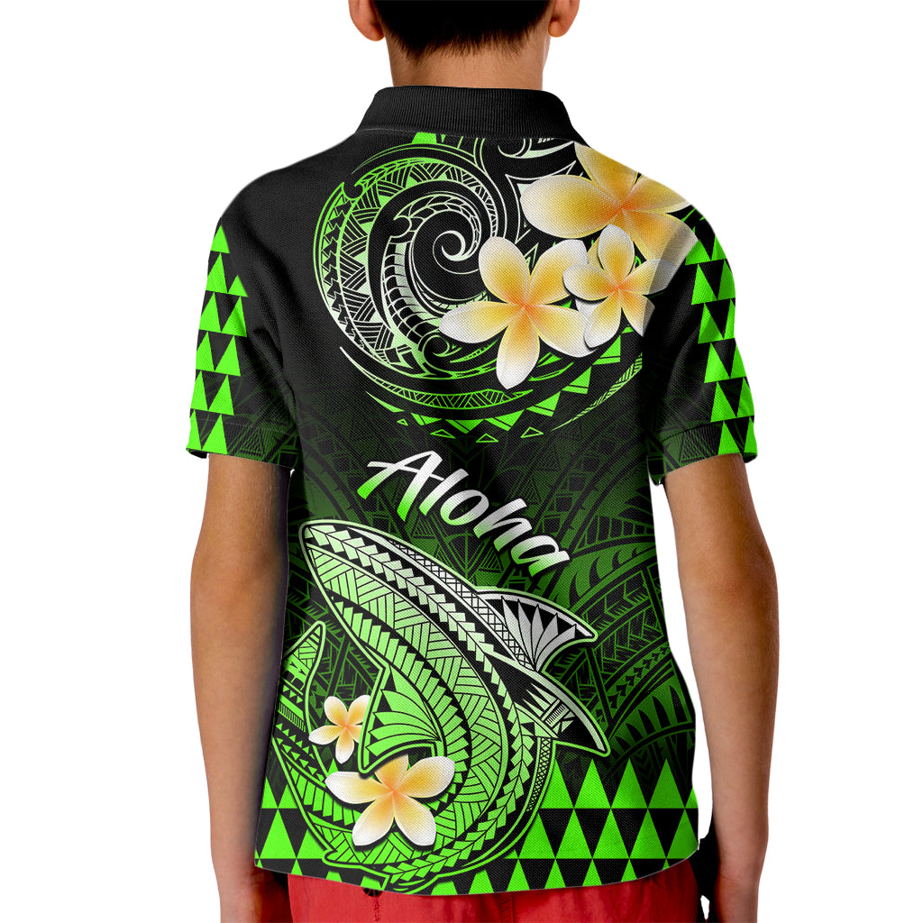 Hawaii Kid Polo Shirt Polynesian Shark with Kakau Green Version - Wonder Print Shop