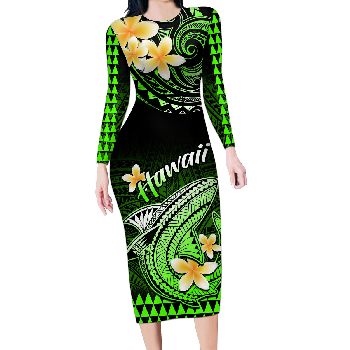 Hawaii Long Sleeve Bodycon Dress Polynesian Shark with Kakau Green Version - Wonder Print Shop