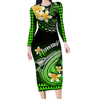 Hawaii Long Sleeve Bodycon Dress Polynesian Shark with Kakau Green Version - Wonder Print Shop