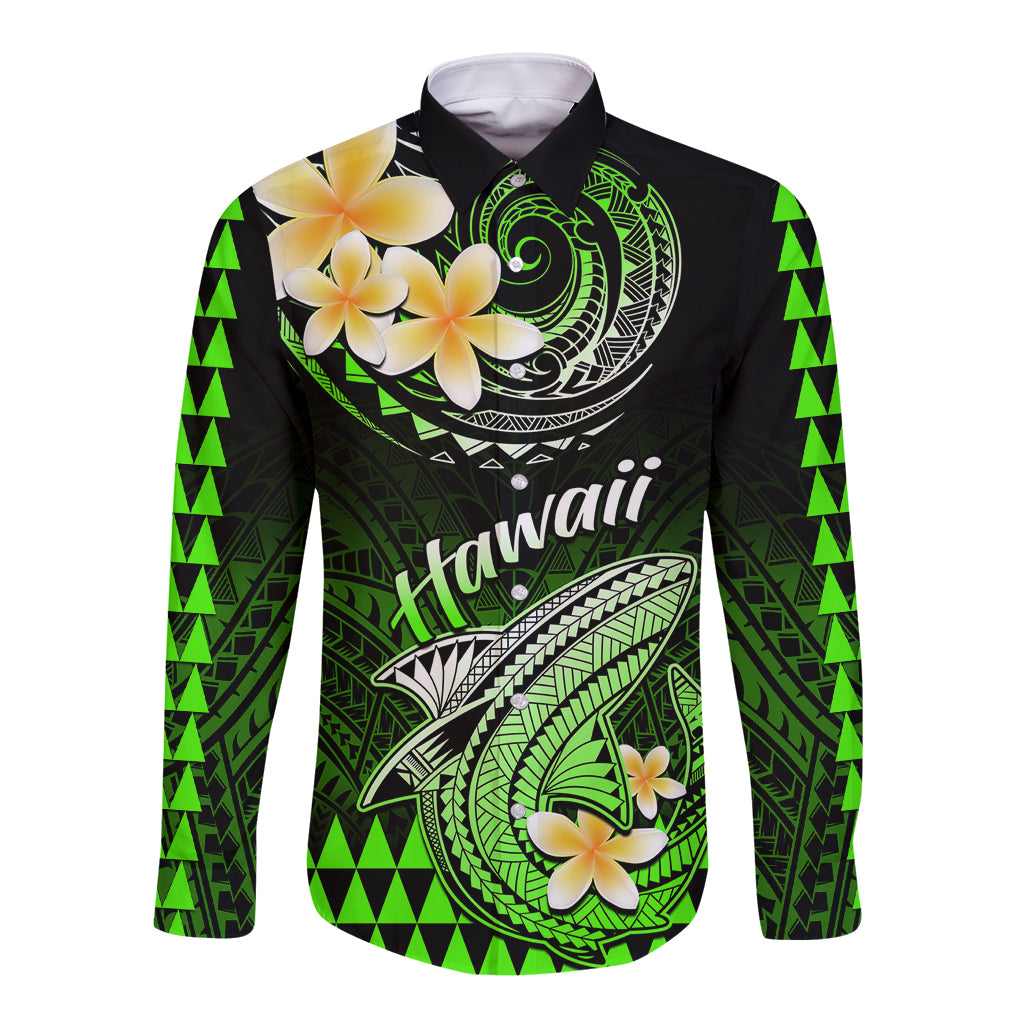 Hawaii Long Sleeve Button Shirt Polynesian Shark with Kakau Green Version - Wonder Print Shop