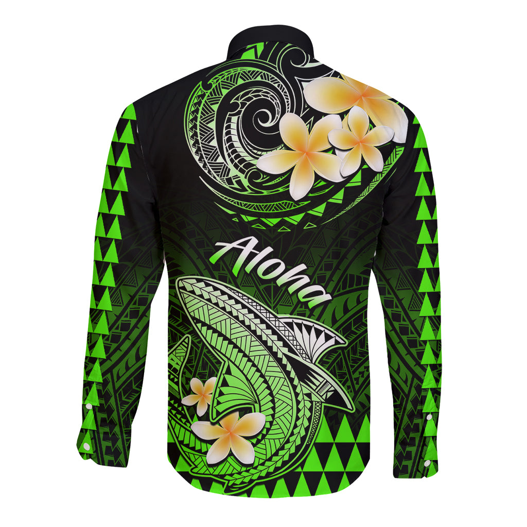Hawaii Long Sleeve Button Shirt Polynesian Shark with Kakau Green Version - Wonder Print Shop