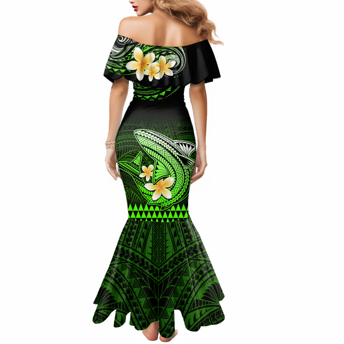 Hawaii Mermaid Dress Polynesian Shark with Kakau Green Version - Wonder Print Shop