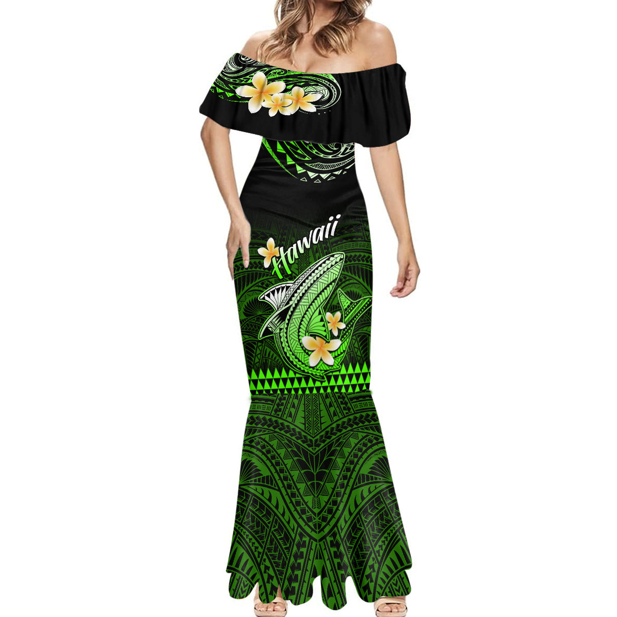 Hawaii Mermaid Dress Polynesian Shark with Kakau Green Version - Wonder Print Shop