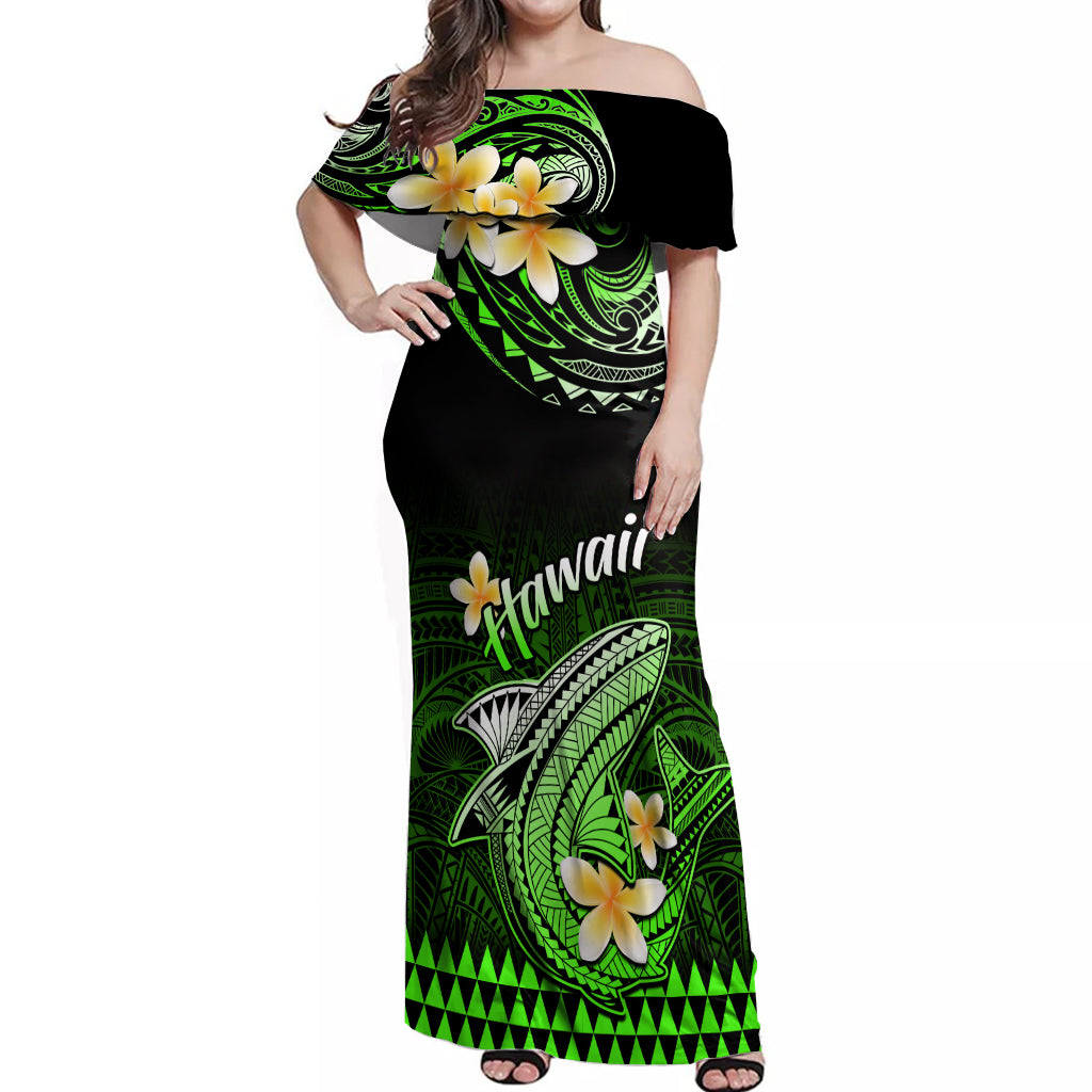 Hawaii Off Shoulder Maxi Dress Polynesian Shark with Kakau Green Version - Wonder Print Shop