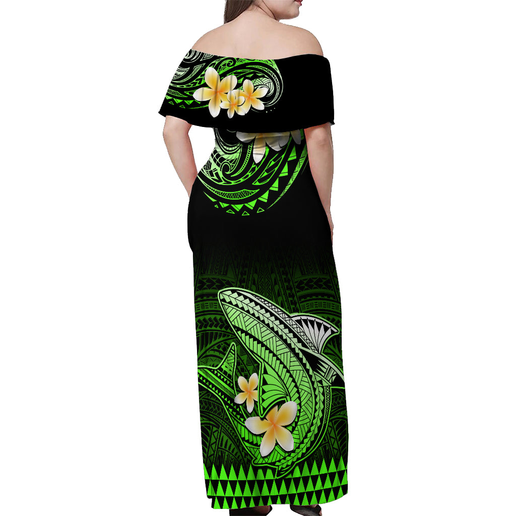 Hawaii Off Shoulder Maxi Dress Polynesian Shark with Kakau Green Version - Wonder Print Shop