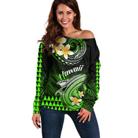 Hawaii Off Shoulder Sweater Polynesian Shark with Kakau Green Version - Wonder Print Shop