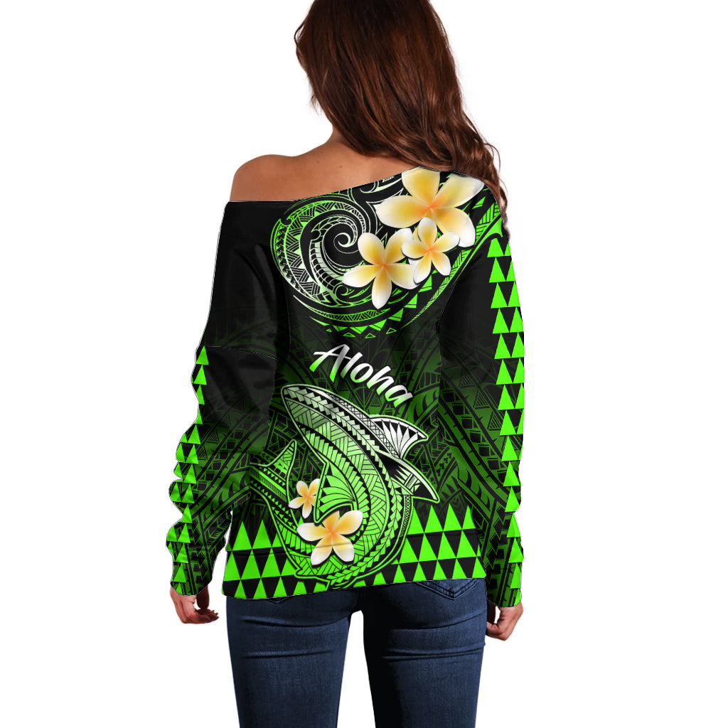 Hawaii Off Shoulder Sweater Polynesian Shark with Kakau Green Version - Wonder Print Shop