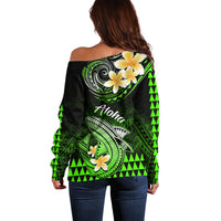 Hawaii Off Shoulder Sweater Polynesian Shark with Kakau Green Version - Wonder Print Shop