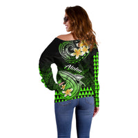 Hawaii Off Shoulder Sweater Polynesian Shark with Kakau Green Version - Wonder Print Shop