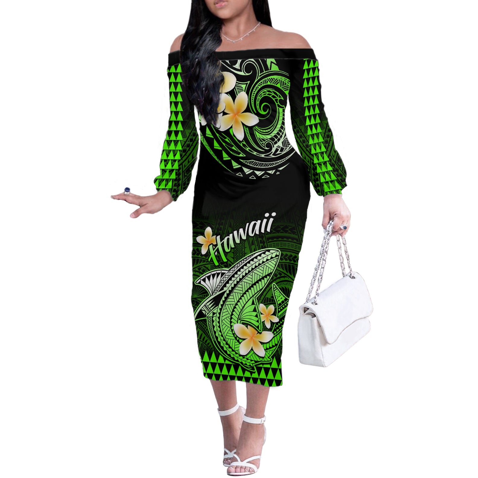 Hawaii Off The Shoulder Long Sleeve Dress Polynesian Shark with Kakau Green Version - Wonder Print Shop