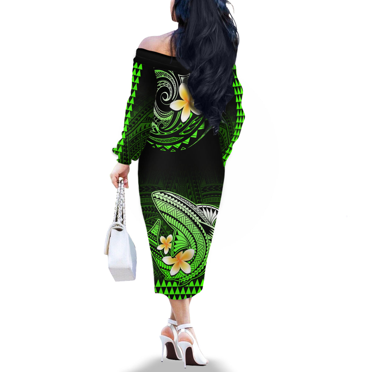 Hawaii Off The Shoulder Long Sleeve Dress Polynesian Shark with Kakau Green Version - Wonder Print Shop