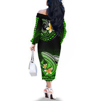 Hawaii Off The Shoulder Long Sleeve Dress Polynesian Shark with Kakau Green Version - Wonder Print Shop