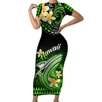 Hawaii Short Sleeve Bodycon Dress Polynesian Shark with Kakau Green Version - Wonder Print Shop